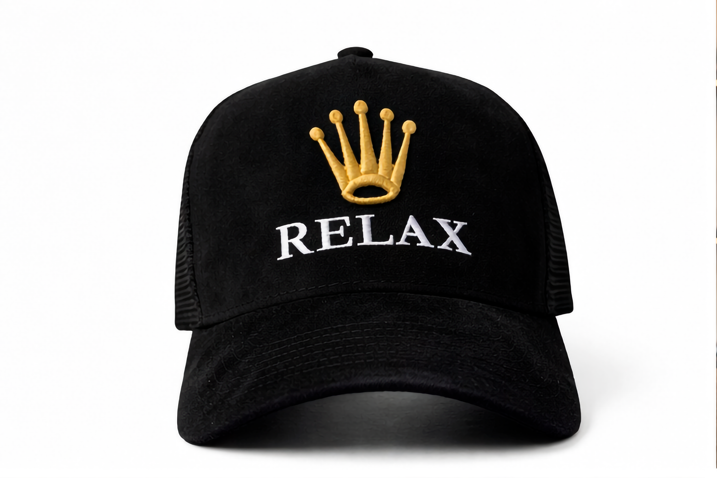 gorra de gamuza premium negra marca Lilmil con bordado de corona dorada estilo streetwear
